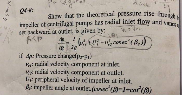 Solved 104-8- Show that the theoretical pressure rise throu | Chegg.com