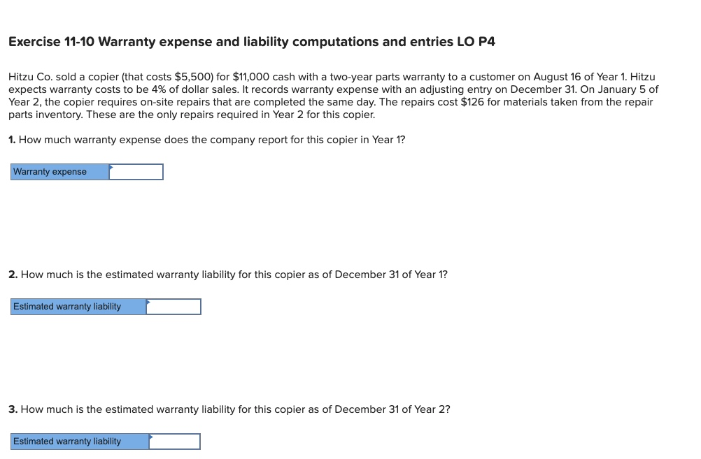 Solved Exercise 1110 Warranty expense and liability