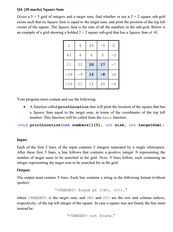 Solved Q4. [30 marks] Square Sum Given a 5 x 5 grid of | Chegg.com