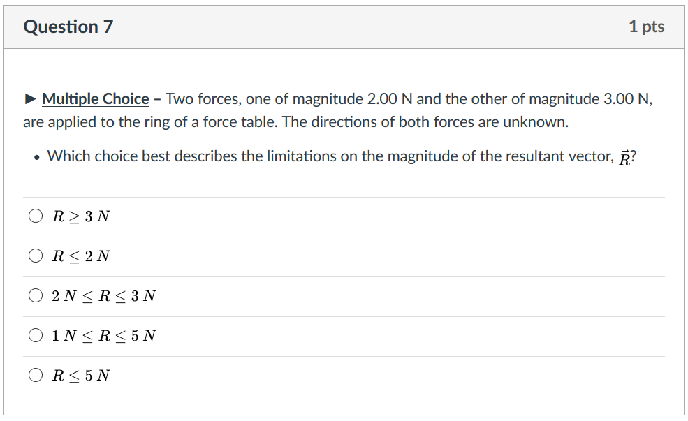 Solved Question 7 1 pts Multiple Choice-Two forces, one of | Chegg.com