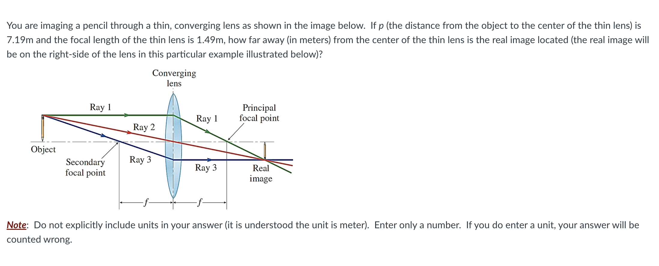 You are imaging a pencil through a thin, converging lens as shown in the image below. If \( p \) (the distance from the objec