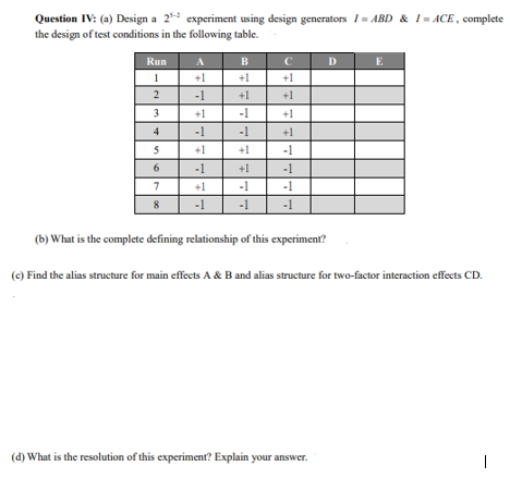 Question IV: (a) Design a 25−2 experiment using | Chegg.com