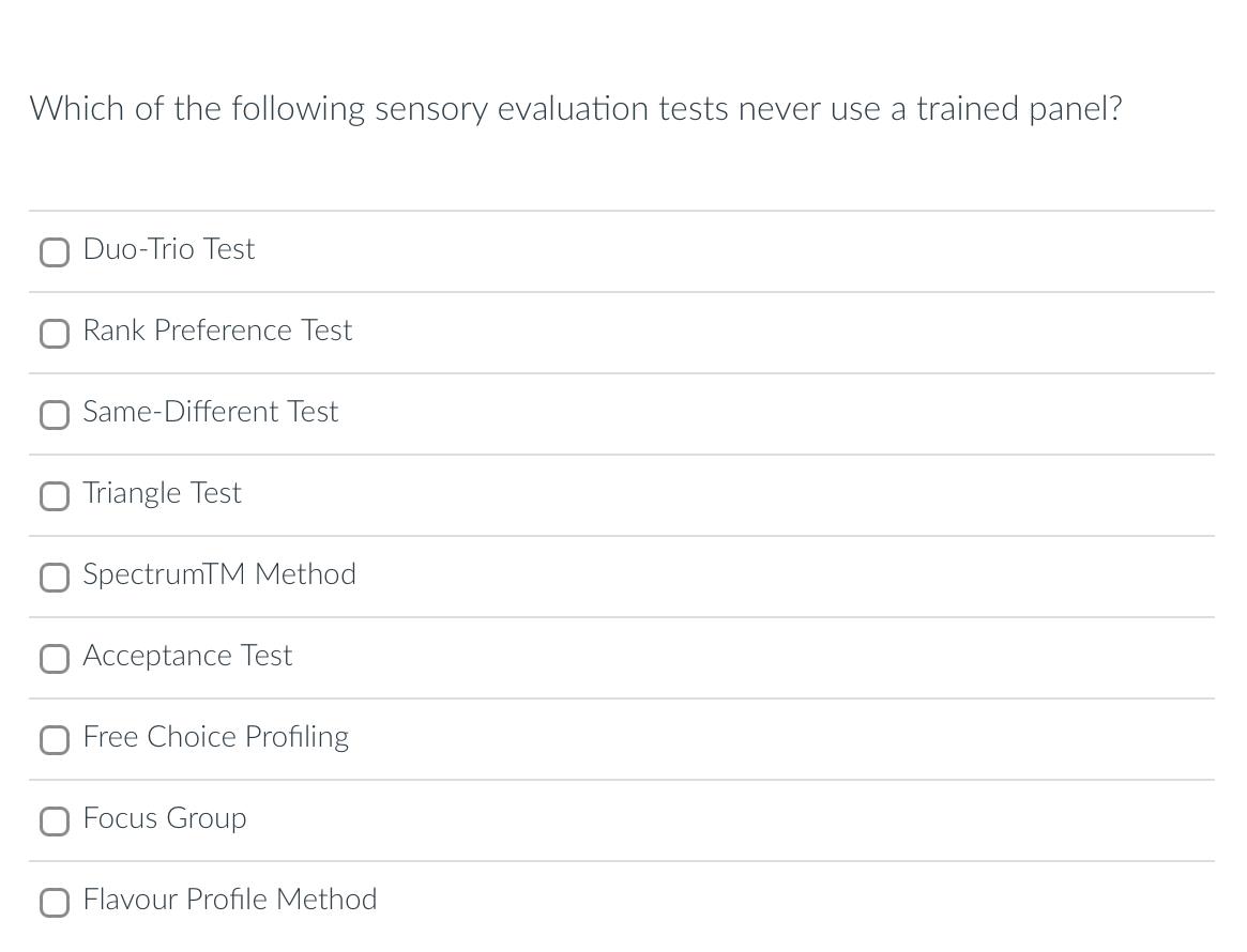 Solved Which of the following sensory evaluation tests never | Chegg.com