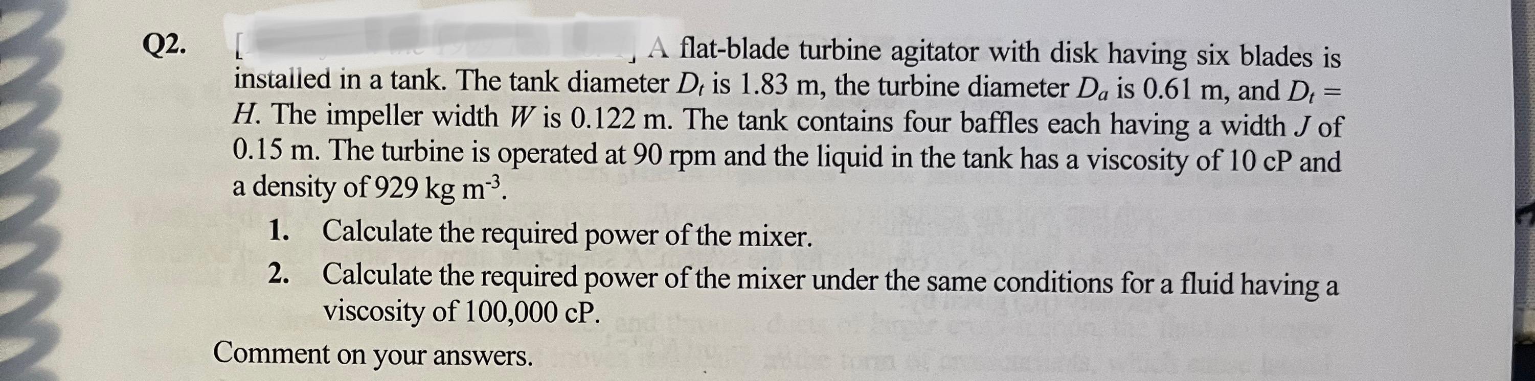 Solved [ . A flatblade turbine agitator with disk having