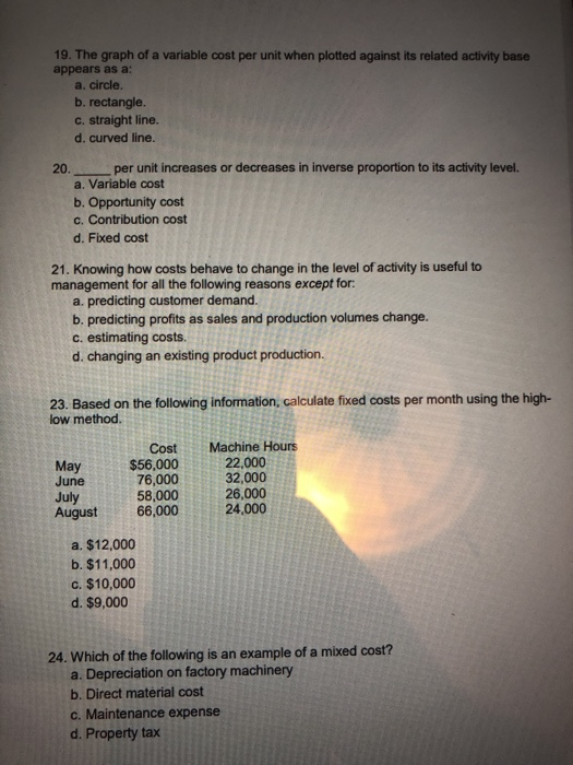Solved 19. The graph of a variable cost per unit when | Chegg.com