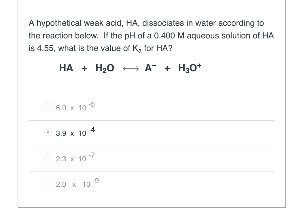 Solved A hypothetical weak acid, HA, dissociates in water
