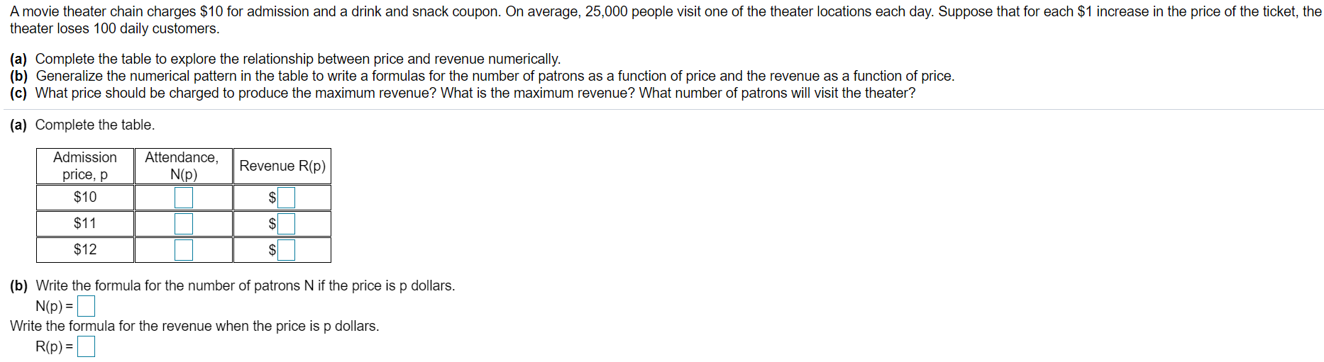 Solved A movie theater chain charges $10 for admission and a | Chegg.com