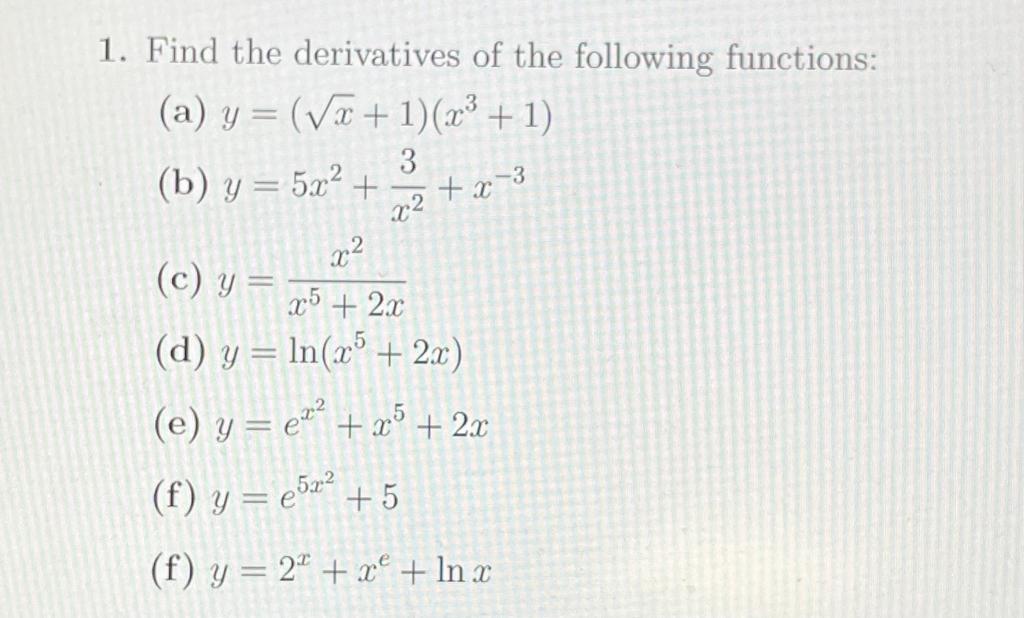 Solved Find The Derivatives Of The Following