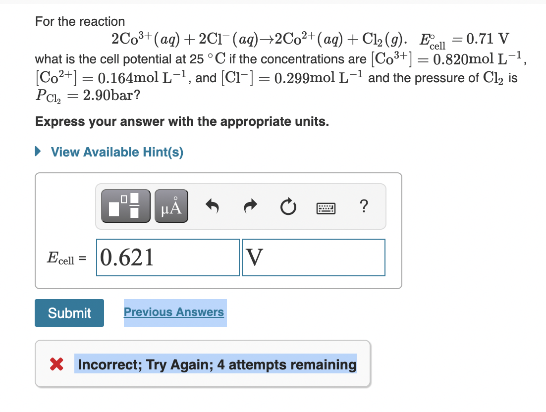 Solved For The Reaction 2c03 Aq 2c1 Aq 2co2 Aq Chegg Com