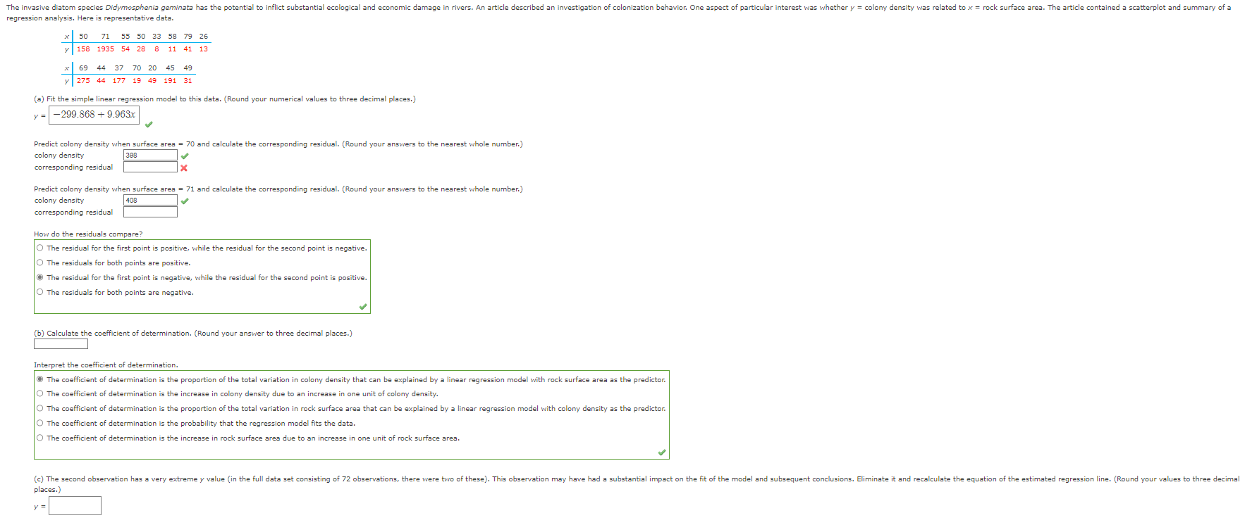 \begin{tabular}{c|cccccccc}
\( x \) & 50 & 71 & 55 & 50 & 33 & 58 & 79 & 26 \\
\hline\( y \) & 158 & 1935 & 54 & 28 & 8 & 11 