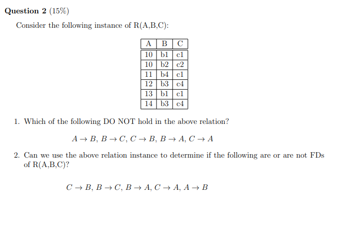 Solved Consider The Following Instance Of R(A,B,C) : 1. | Chegg.com