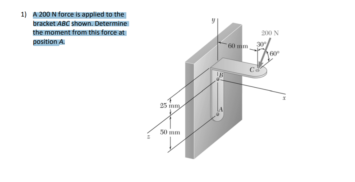 Solved 1) A 200 N force is applied to the bracket ABC shown. | Chegg.com