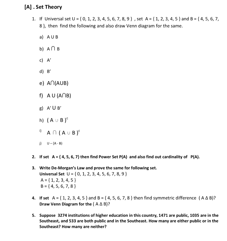 Solved A Set Theory 1 If Universal Set U 0 1 2 Chegg Com