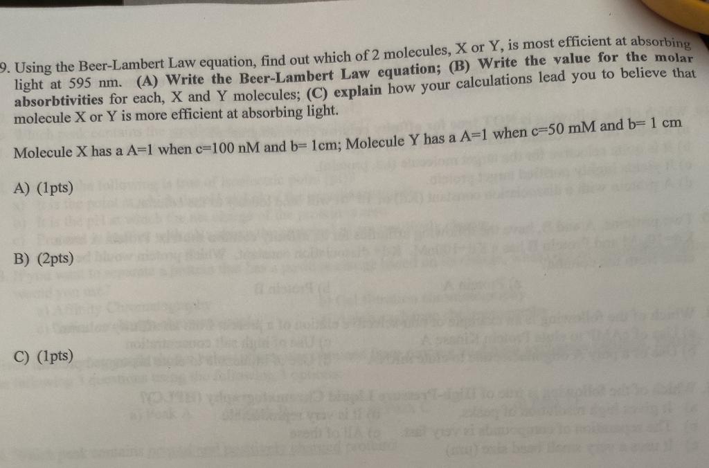 Solved 9. Using The Beer-Lambert Law Equation, Find Out | Chegg.com