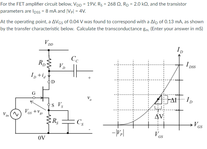 Solved For the FET amplifier circuit below, VDD=19 | Chegg.com