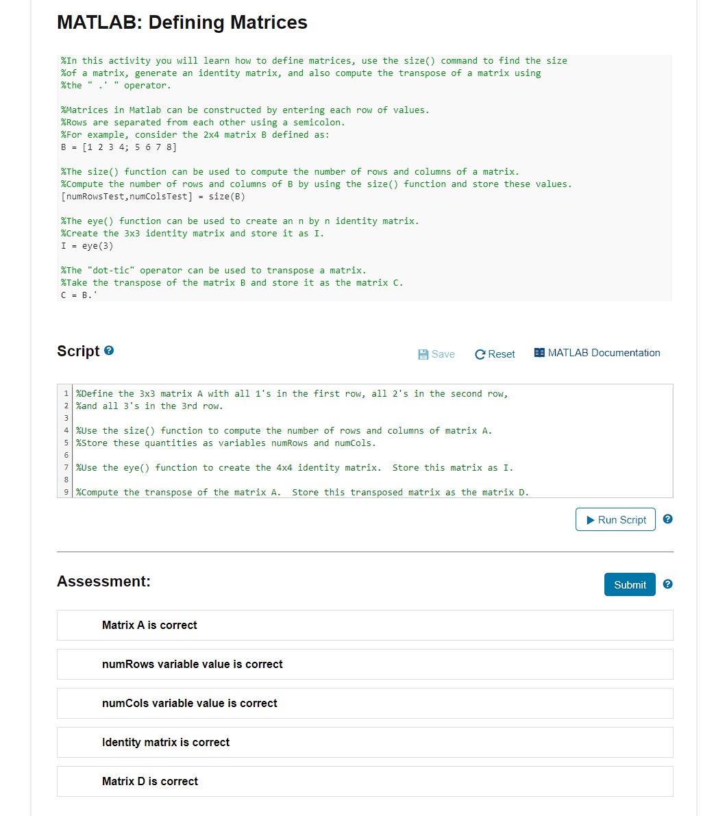Solved matlab defining matrices in this activity you will chegg