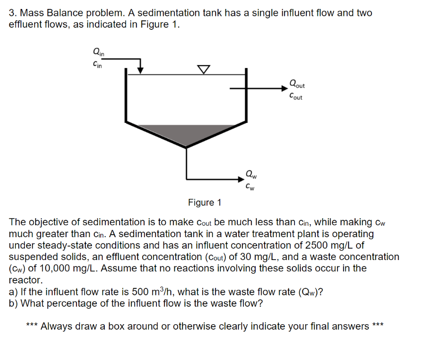 Solved 3. Mass Balance Problem. A Sedimentation Tank Has A | Chegg.com