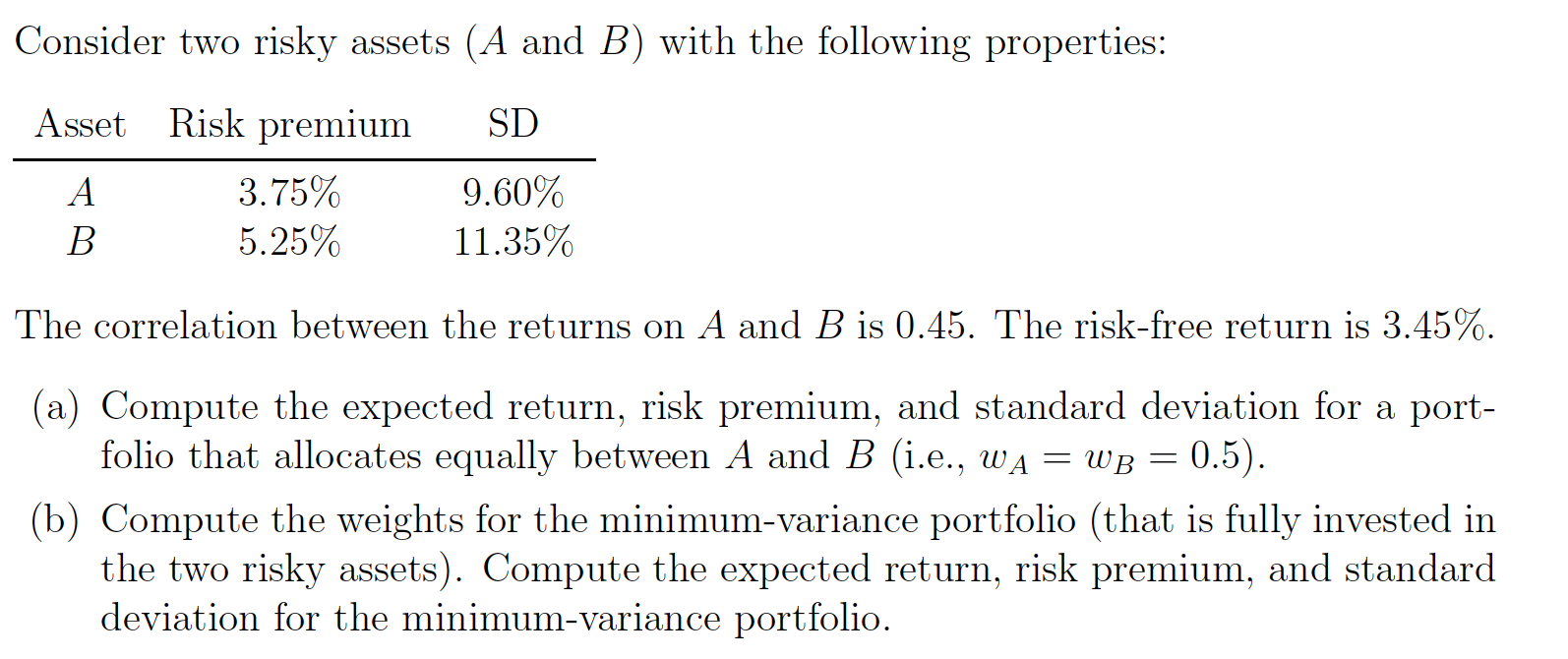 Solved Consider Two Risky Assets (A And B) With The | Chegg.com