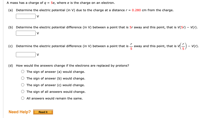 A mass has a charge of q = 5e, where e is the charge