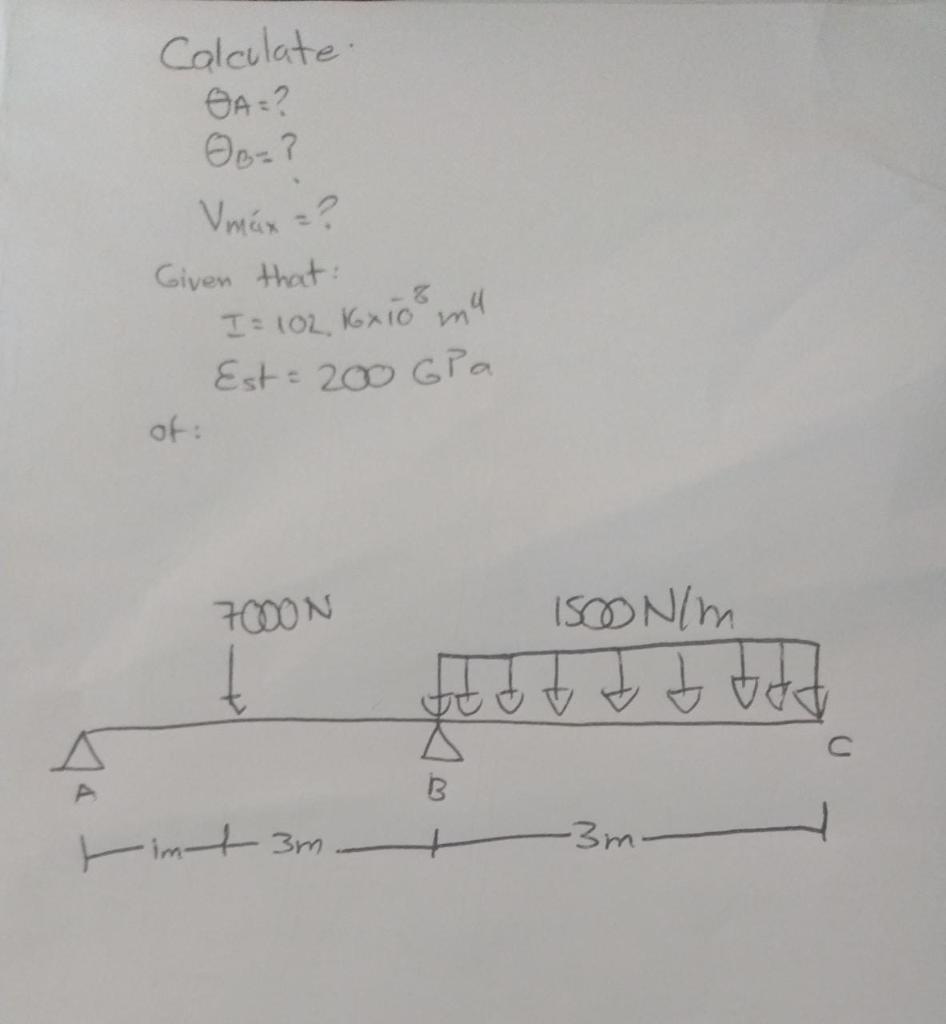 \( \theta_{A}= \) ?
\( \theta_{B}= \) ?
\( V_{\text {máx }}= \) ?
ven that:
\( I=102.16 \times 10^{-8} \mathrm{~m}^{4} \) \( 