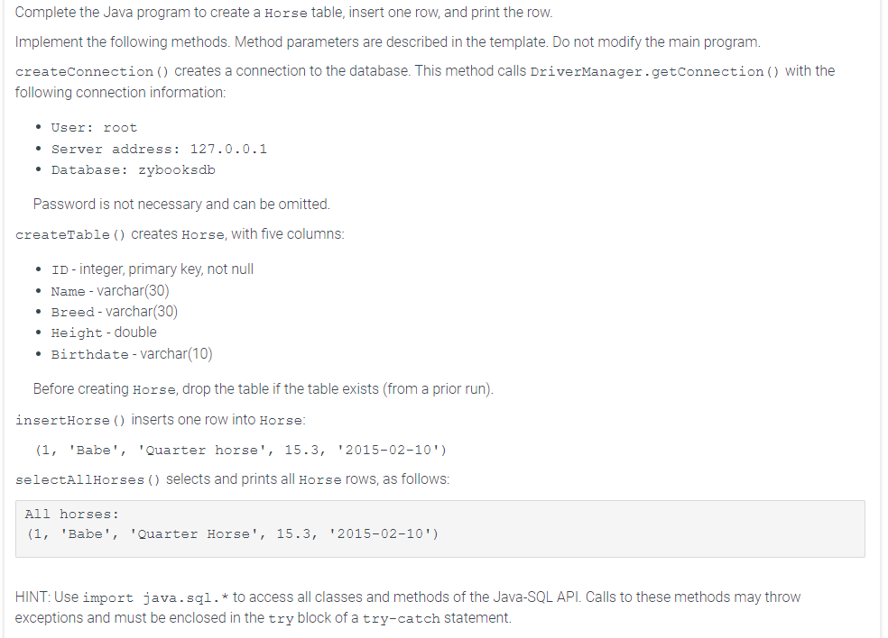 Solved Complete the Java program to create a Horse table, | Chegg.com