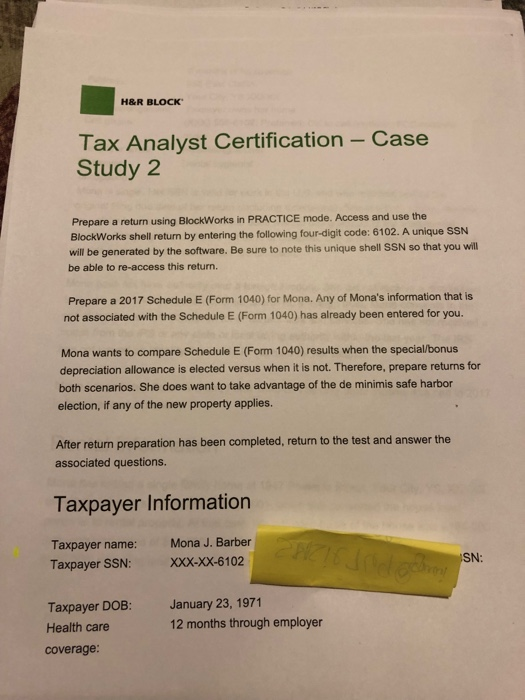 H R Block Tax Analyst Certification Case Study 2 Prepare Return Using