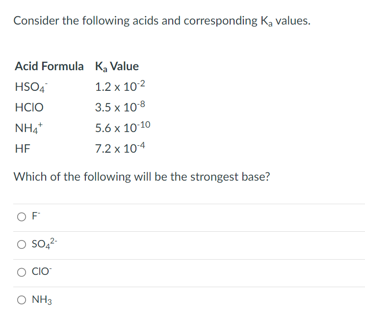 Solved Consider the following acids and corresponding Ka
