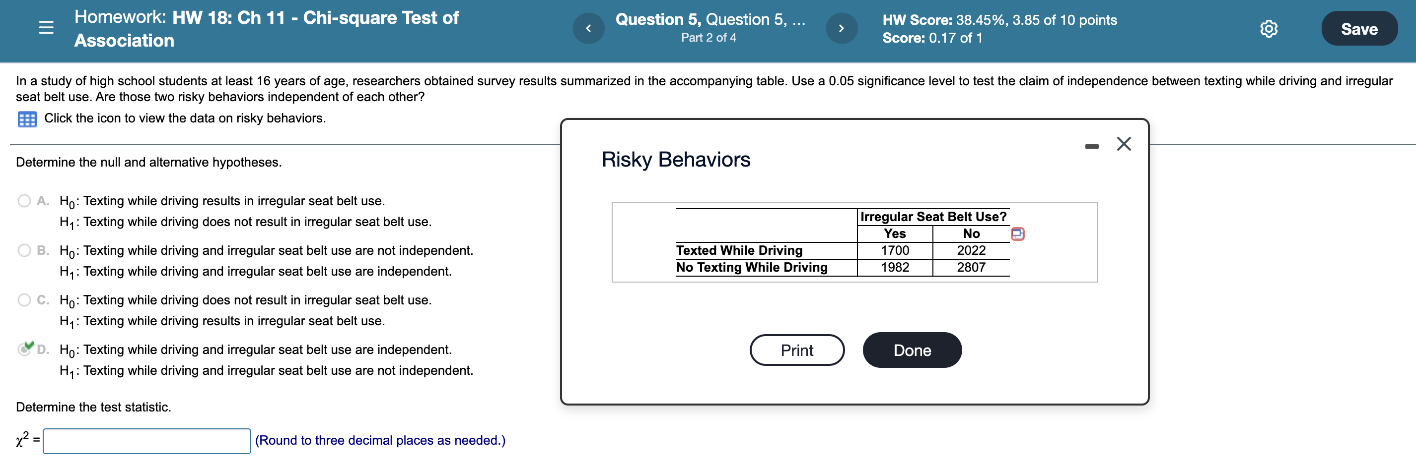 Solved MIT Homework: HW 18: Ch 11 - Chi-square Test of | Chegg.com