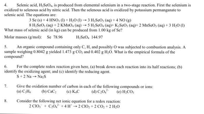 Solved 4.Selenic acid, H2SeO4, is produced from elemental | Chegg.com