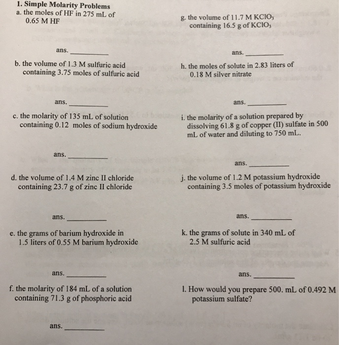 Solved 1. Simple Molarity Problems a. the moles of HF in 275 | Chegg.com