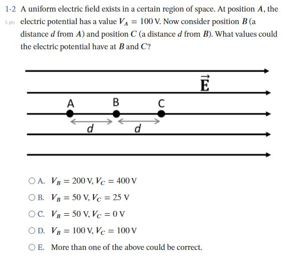 Solved 1-2 A uniform electric field exists in a certain | Chegg.com