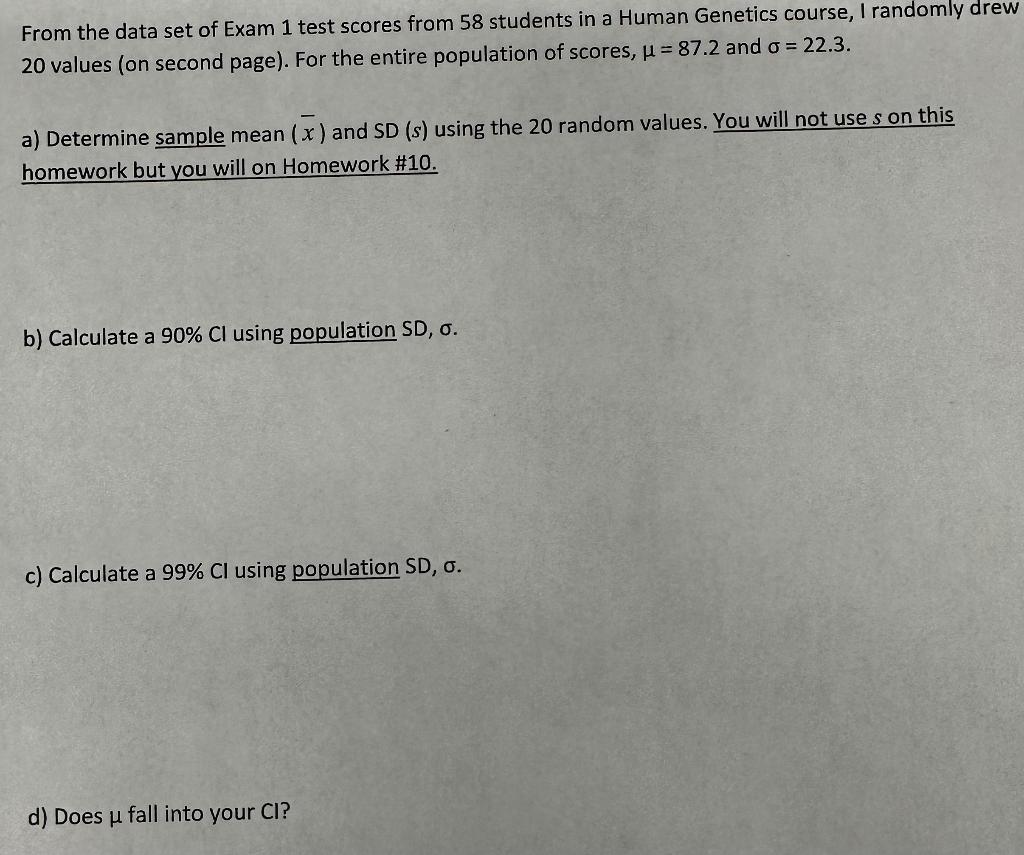 From the data set of Exam 1 test scores from 58 | Chegg.com