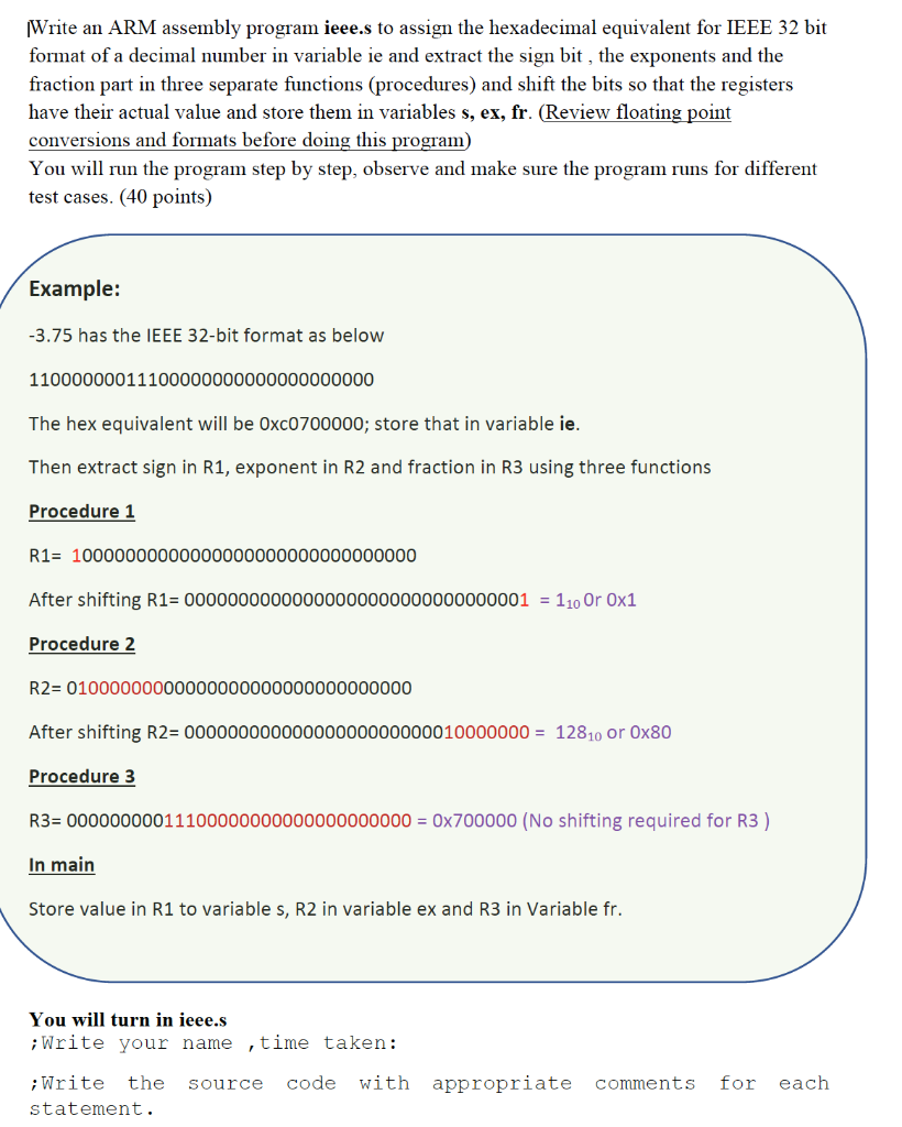 Solved Write an ARM assembly program ieee.s to assign the | Chegg.com
