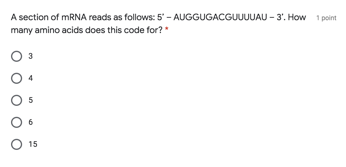 Solved 1 point A section of mRNA reads as follows: 5' – | Chegg.com