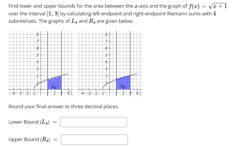 =
Find lower and upper bounds for the area between the x-axis and the graph of f(x) = 5x +1
over the interval [1, 3] by calcu