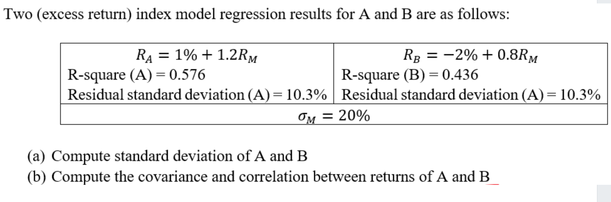 Solved Two (excess return) index model regression results | Chegg.com