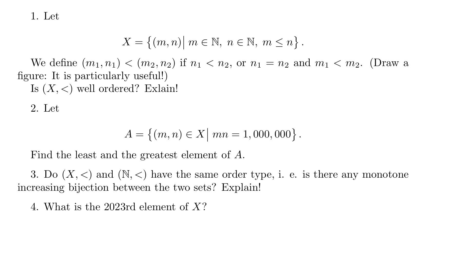 Solved 1. Let X={(m,n)∣m∈N,n∈N,m≤n} We define | Chegg.com