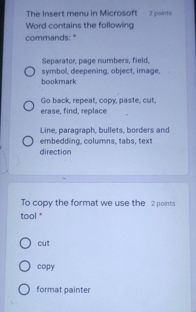 Solved 2 points The Insert menu in Microsoft Word contains | Chegg.com