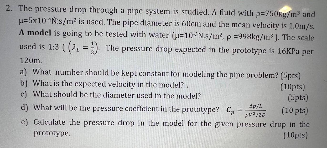 Solved 2. The pressure drop through a pipe system is | Chegg.com