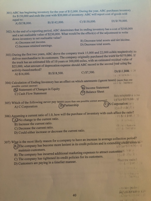 Solved 301) ABC has beginning inventory for the year of
