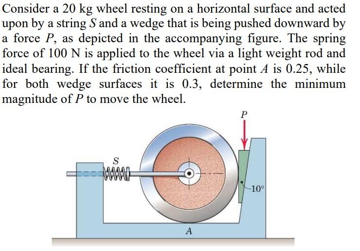 Consider a \( 20 \mathrm{~kg} \) wheel resting on a horizontal surface and acted upon by a string \( S \) and a wedge that is