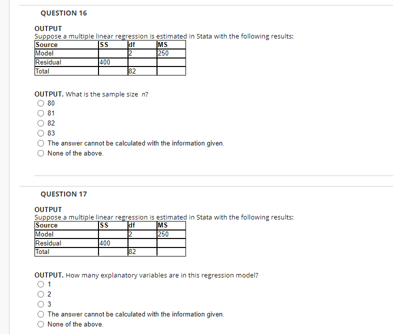 Solved QUESTION 16 OUTPUT Suppose a multiple linear | Chegg.com