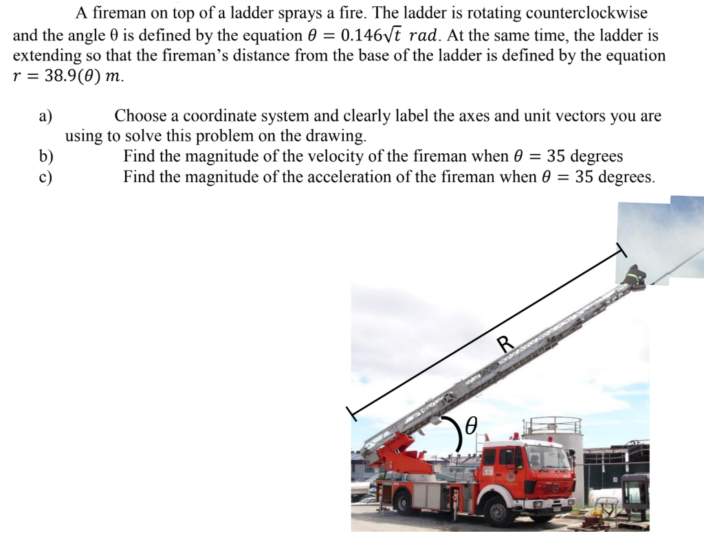 Solved = A fireman on top of a ladder sprays a fire. The | Chegg.com