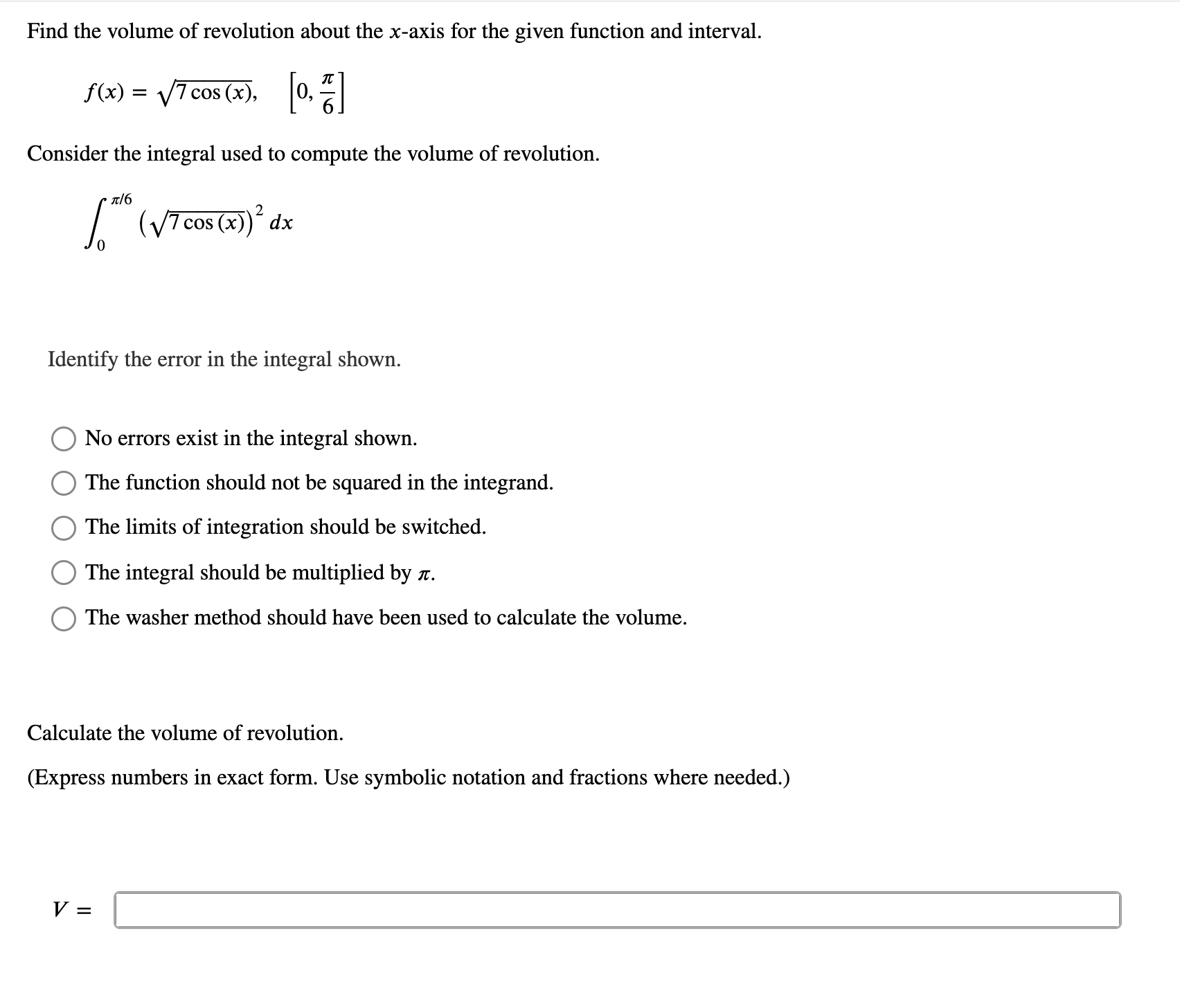 Solved Find The Volume Of Revolution About The X axis For Chegg