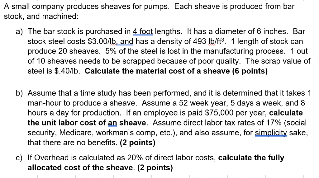 Solved A small company produces sheaves for pumps. Each | Chegg.com