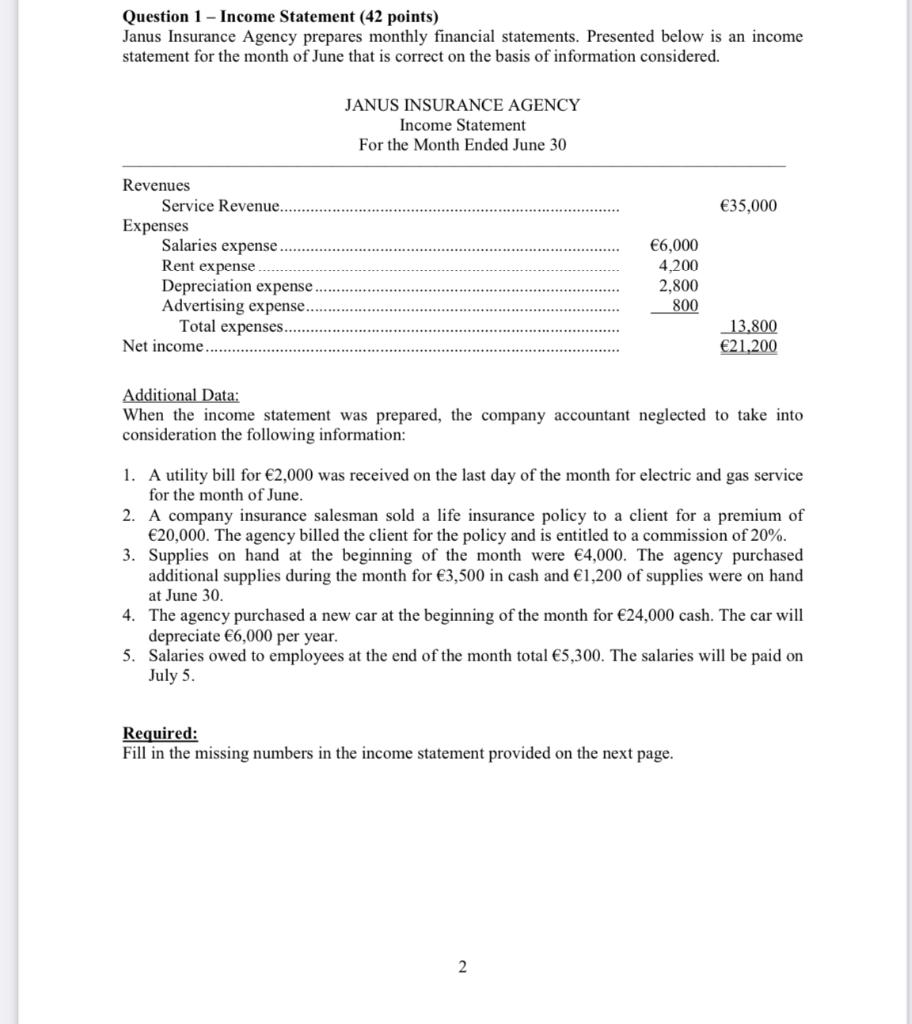 Solved Question 1 - Income Statement (42 points) Janus | Chegg.com
