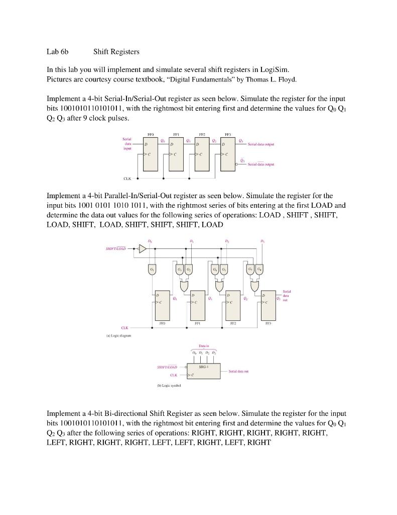 Lab 6b Shift Registers In this lab you will implement | Chegg.com