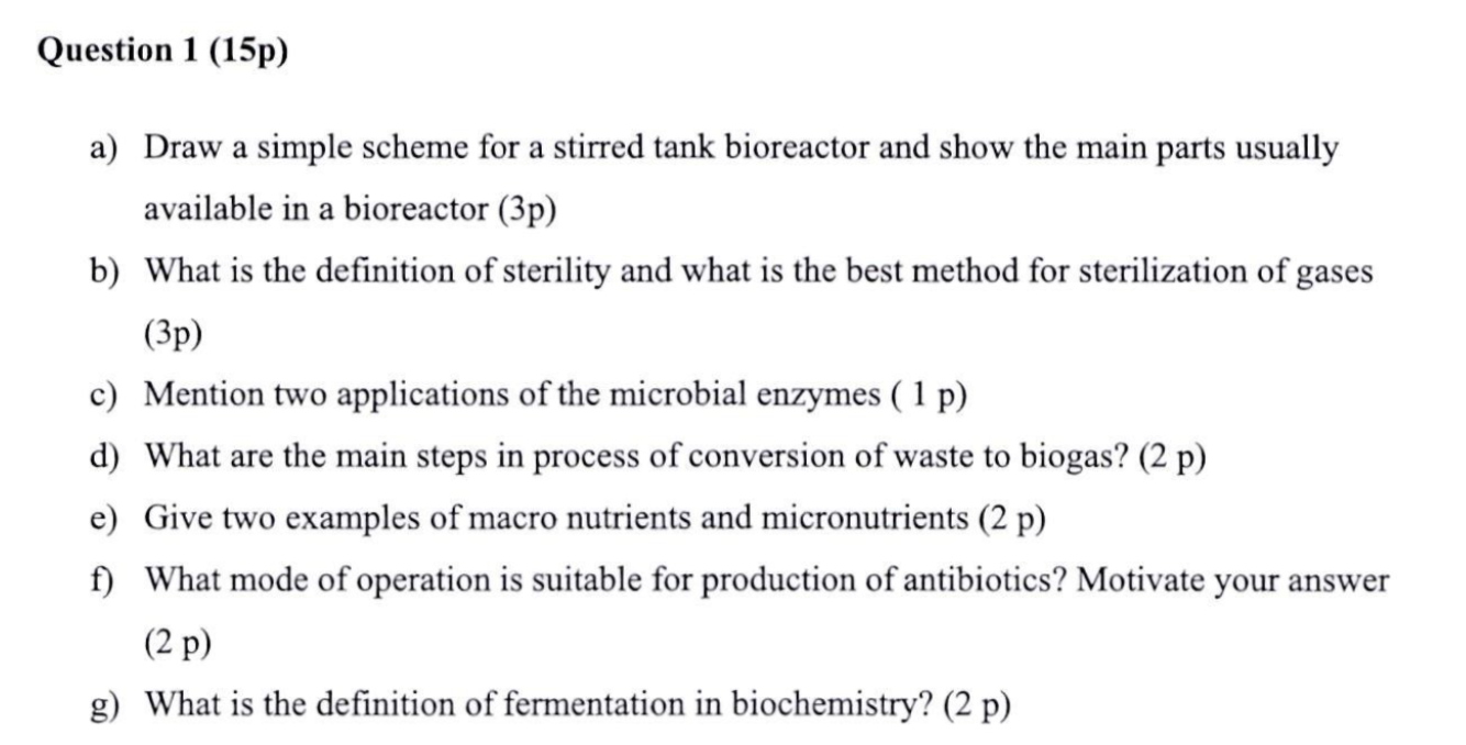 Solved a) Draw a simple scheme for a stirred tank bioreactor | Chegg.com