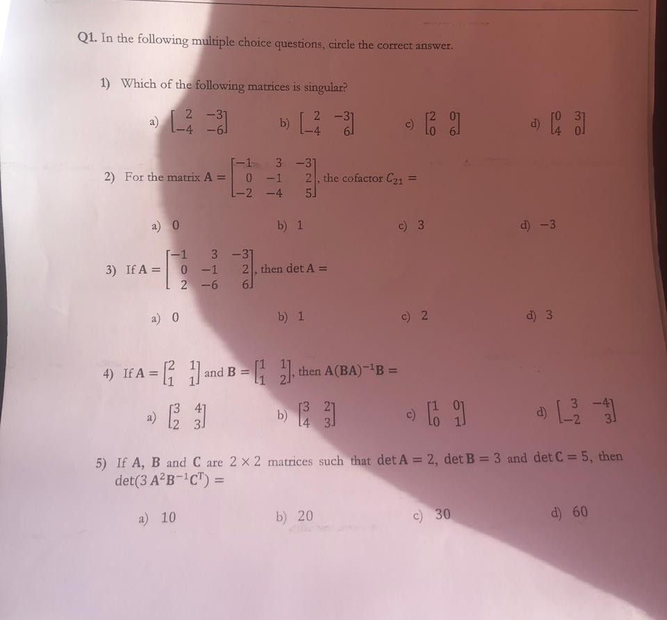 Solved 2 2-1 Q1. Let A 3 1 3 and B 5 1 4. Find 1 02 a) detA | Chegg.com