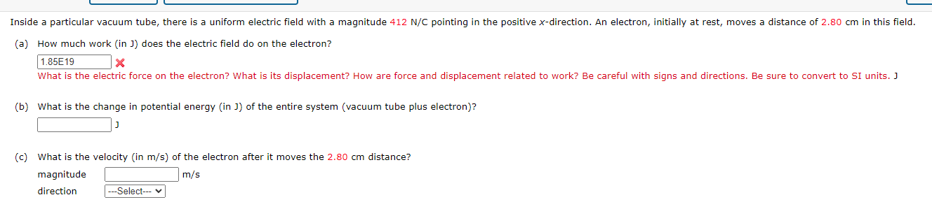 Solved (a) How much work (in J) does the electric field do | Chegg.com